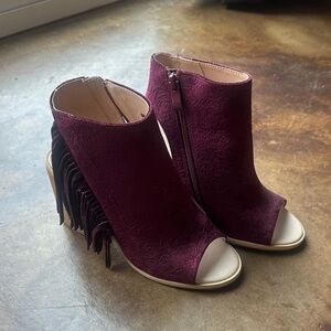 Very Volatile Burgundy Fringe Peep-Toe Booties